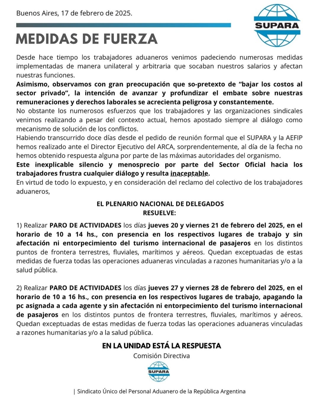 PARO ACTIVIDADES ADUANERAS