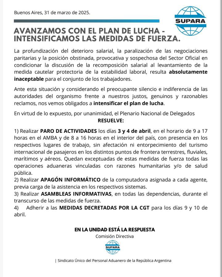 PARO DE ACTIVIDADES DE ADUANA, DIAS 3 Y 4 DE ABRIL
